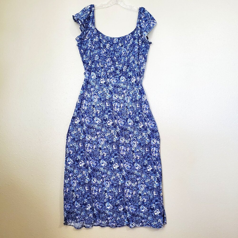 Connected Apparel Blue Floral Dress Cap Sleeves